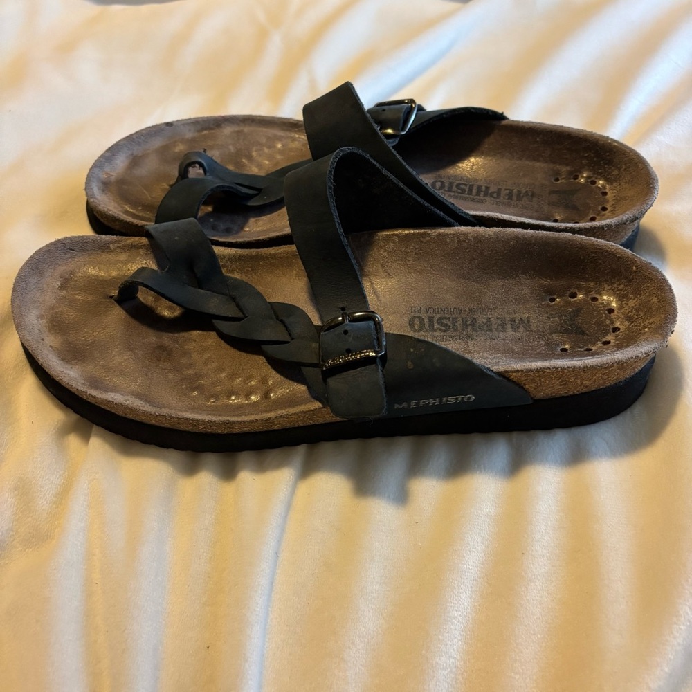 Mephisto Helen Twist Sandal 10/40 Women’s Black Leather Braided Comfort Slides